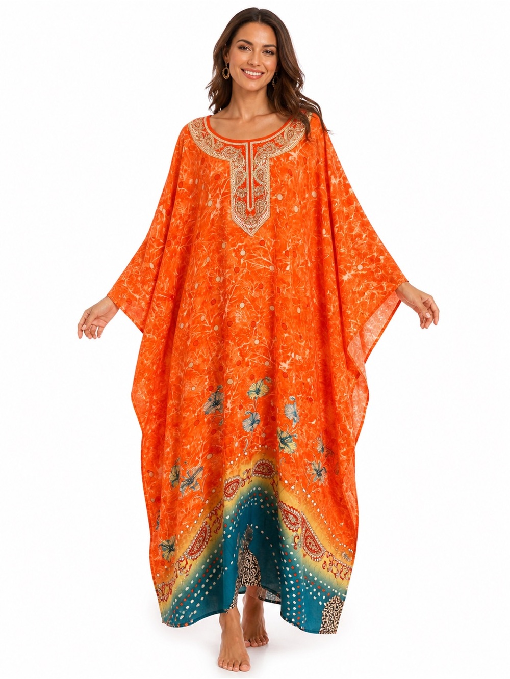 GoodTime Orange Boho Caftan Kaftan‎ Dress OSFA Embellished Resort Beach Cover Up